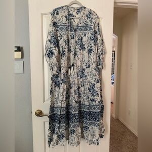 Zara Cream and Blue Floral Tiered Maxi Dress